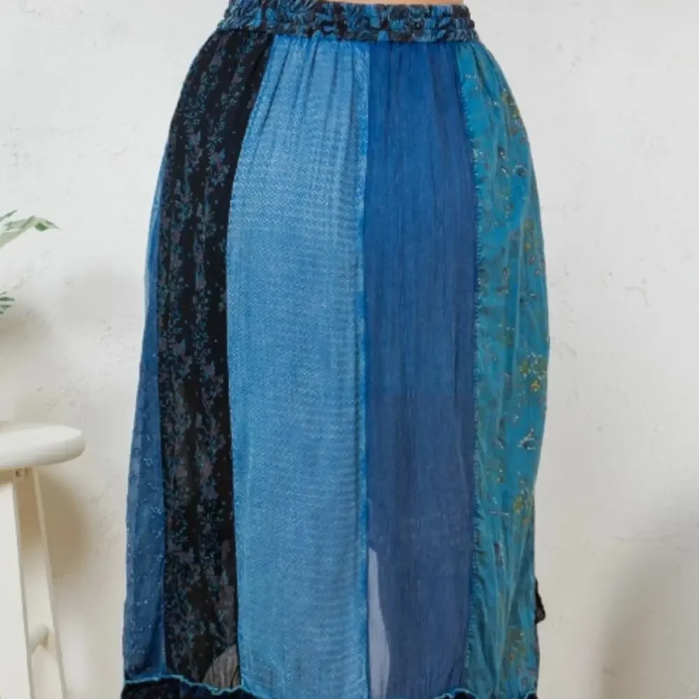 Young Threads Indigo Blue Patchwork Ruffle Wrap Midi Skirt XL - Coastal Boho